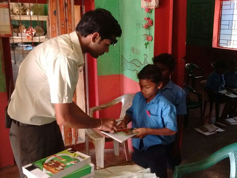 Distribution of stationery items at various village schools around Kanha over the last four years